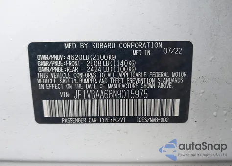 2022 Subaru Wrx из США, поврежденный, VIN JF1VBAA66N9015975